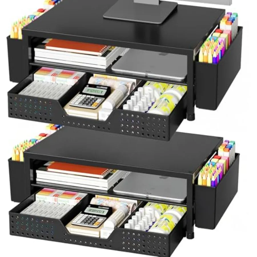 Desk Organizer and Accessories 2-Tier Computer Monitor Stand Riser with Drawer and 2 Pen Holders Laptop Stand Office Desk Acces