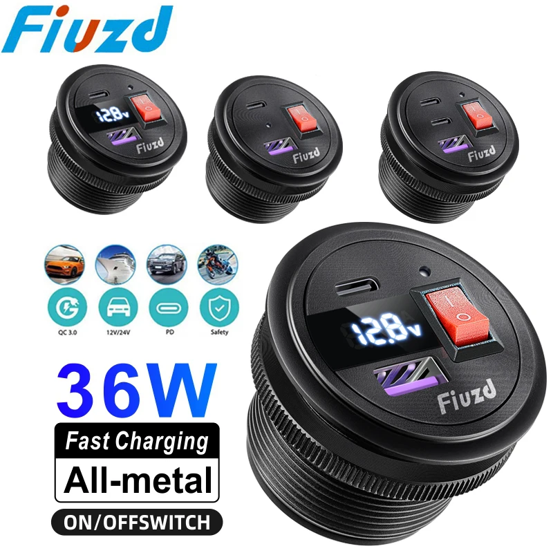 Quick Charge 3.0 USB Car Charger Socket Digital Display Voltmeter USB Charger Socket with ON-OFF Switch for Car Motorcycle ATV
