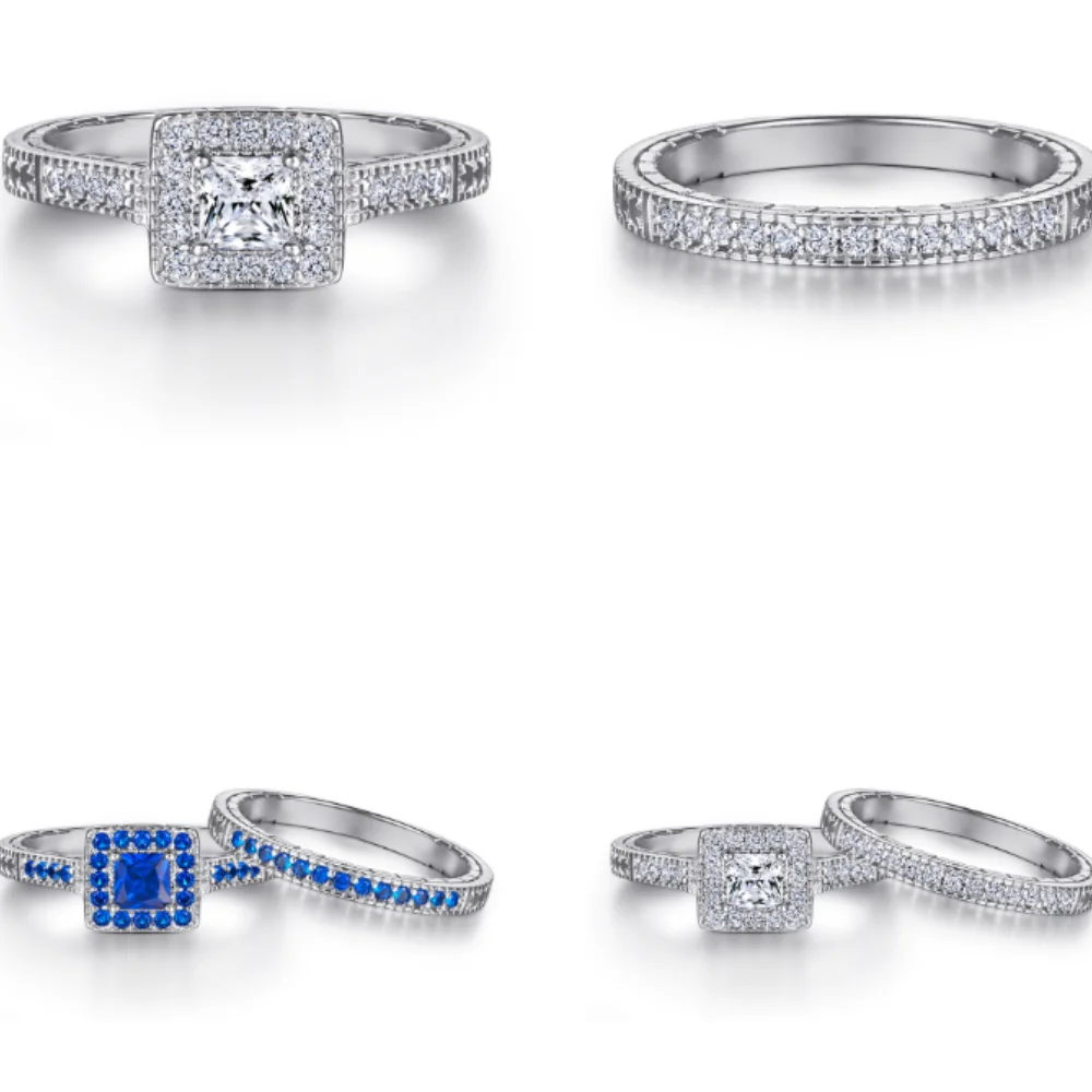 طقم خواتم من الفضة الإسترليني S925 مع ياقوت وألماس مربع، خواتم زوجين 2 في 1، هدية مثالية للمجوهرات #6