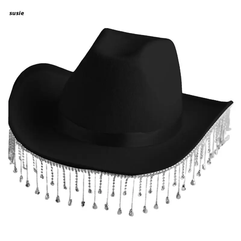 Western Style Rhinestone Tassel Felt Cowboy Hat Cowgirl Cosplay Party Accessory