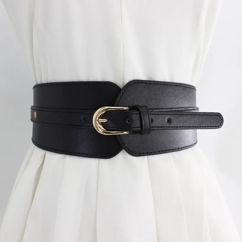 Ceinture large en cuir pour femme, ceinture élastique, mode vintage, luxe, broche large