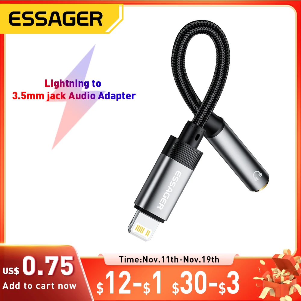 Essager Lightning to 3.5mm jack Audio Adapter Headphone Aux Cable USB Type C to 3.5 Adapter OTG Type C For iphone Xiaomi Oneplus
