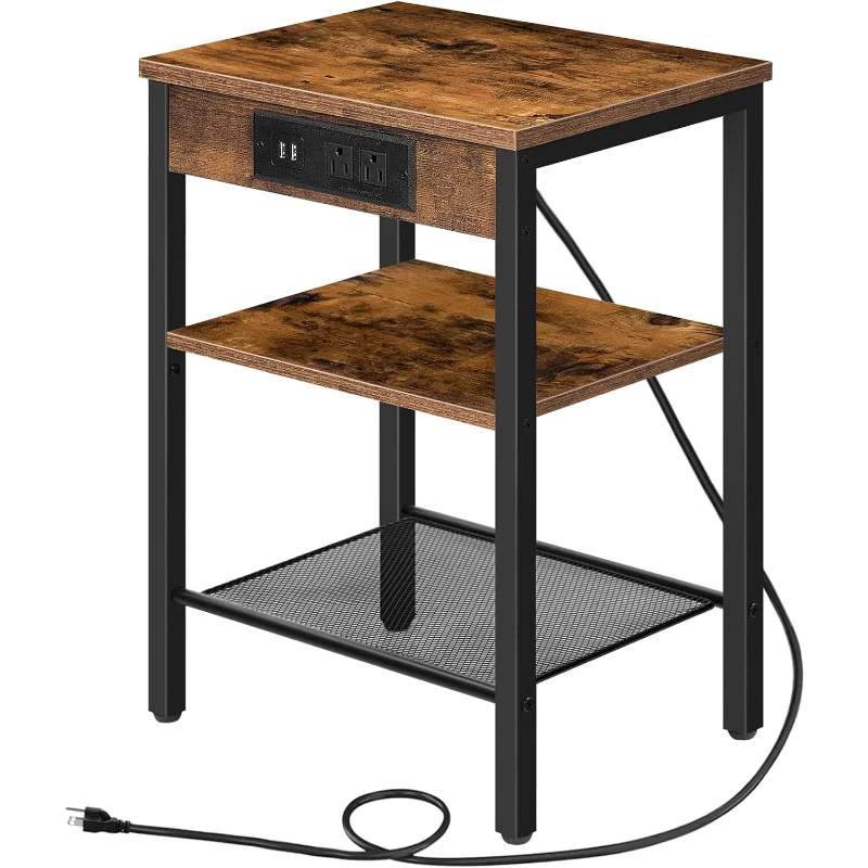 End Table with Charging Station and USB Ports, 3-Tier Nightstand with Adjustable Shelf, Narrow Side Table for Small Space