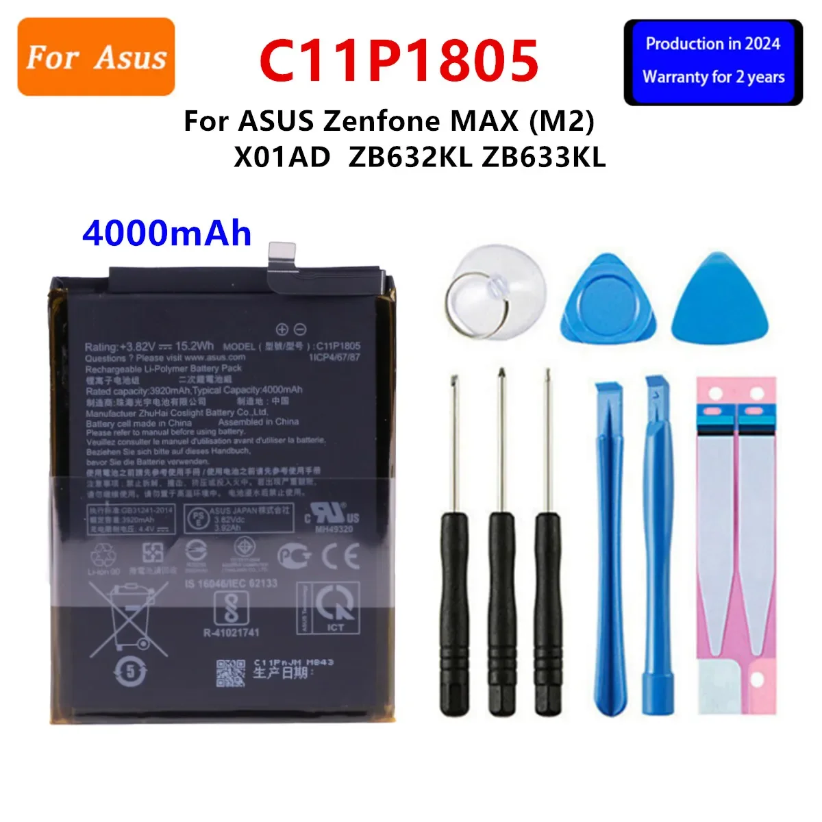 

Brand New Battery C11P1805 4000mAh For ASUS Zenfone MAX (M2) X01AD ZB632KL ZB633KL Replacement Battery+Tools