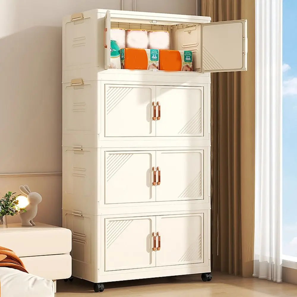 Plastic Foldable Storage Cabinet Installation-Free Dustproof Wardrobe Storage Box Large Capacity with Wheels and Lid
