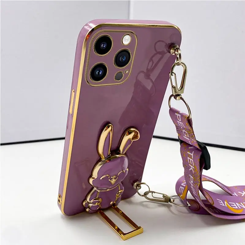 Rabbit Holder Lanyard Phone Case For iPhone 14 15 13 12 11 Pro Max 13Pro 12Pro X XR Xs Max 6 7 8 Plus 15Pro Stand Strap Cover