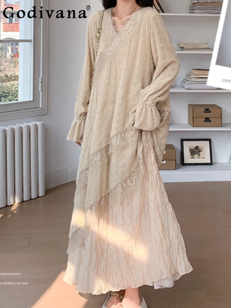 

French Gentle Apricot V-neck Long Dress Women's Spring Autumn New Korean Version Loose Temperament Lace A-line Fairy Dresses