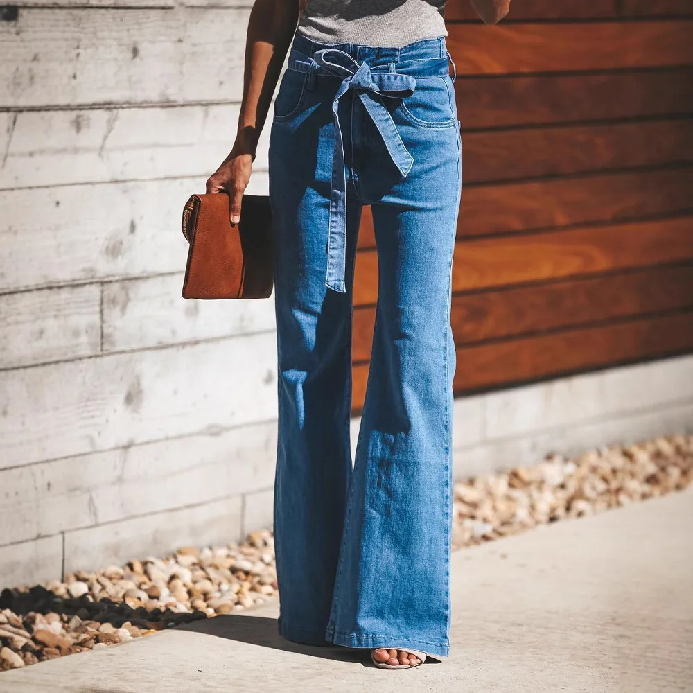 

Women's High Waisted Bell Bottom Jeans - Sky Blue Stretch Denim, Slimming Lace-Up Wide Leg Y2K Vintage Pants (Trendy 2024)