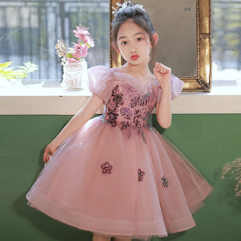 2024 luxury Girls V-neck Pink Flower Fairy Children Princess tutu Wedding Gown Kids Dresses baby infant Birthday Party Dress