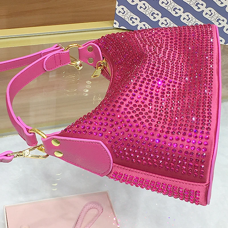 Shiny Rhinestone Hobos Evening Bags For Women Luxury Designer Handbags Purses 2023 New In Fashion Rose Red Shoulder Crossbody