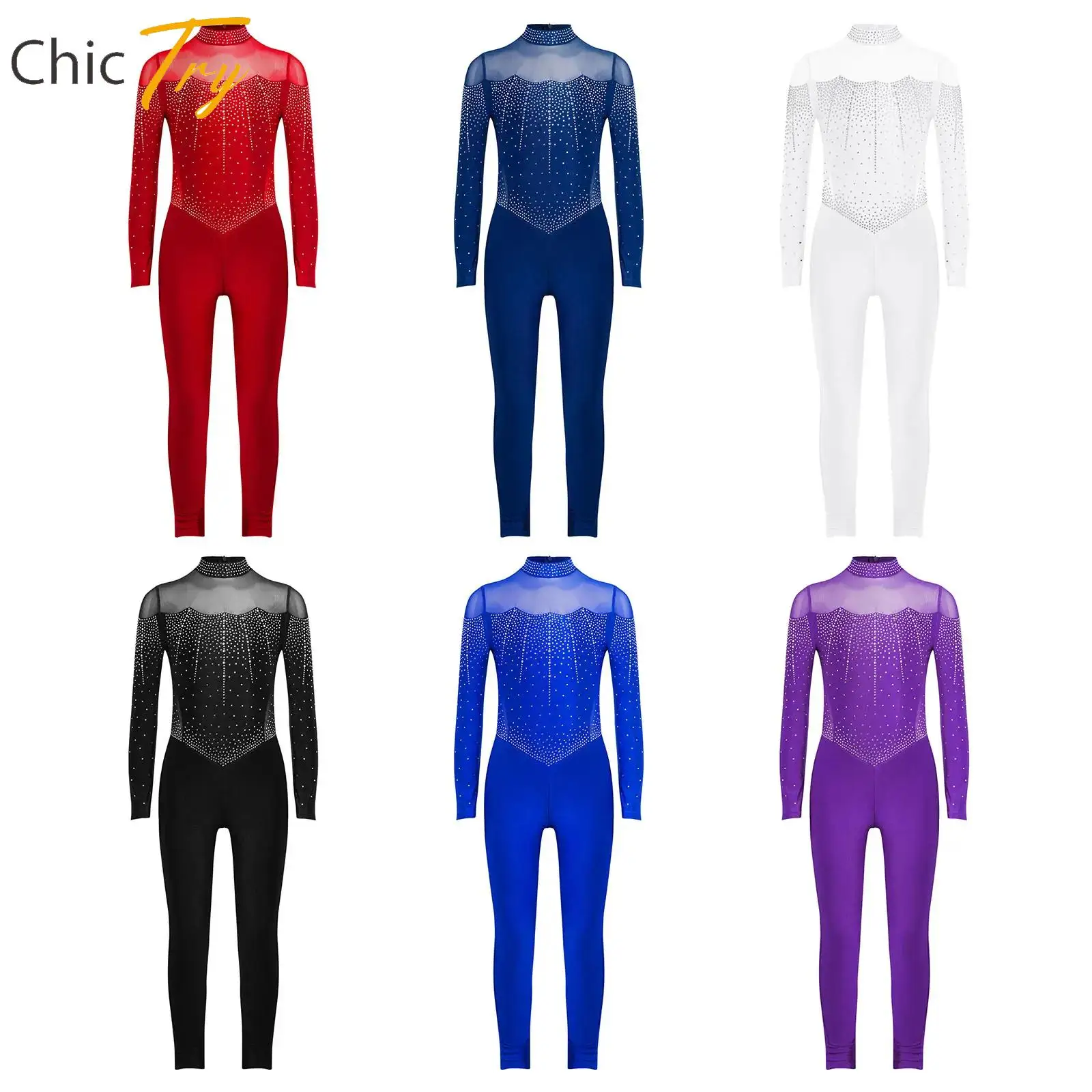 

Kids Girls Long Sleeve Figure Skating Full Body Jumpsuit Ballet Dance Gymnastics Leotard Shiny Rhinestones Mesh Unitard Costume