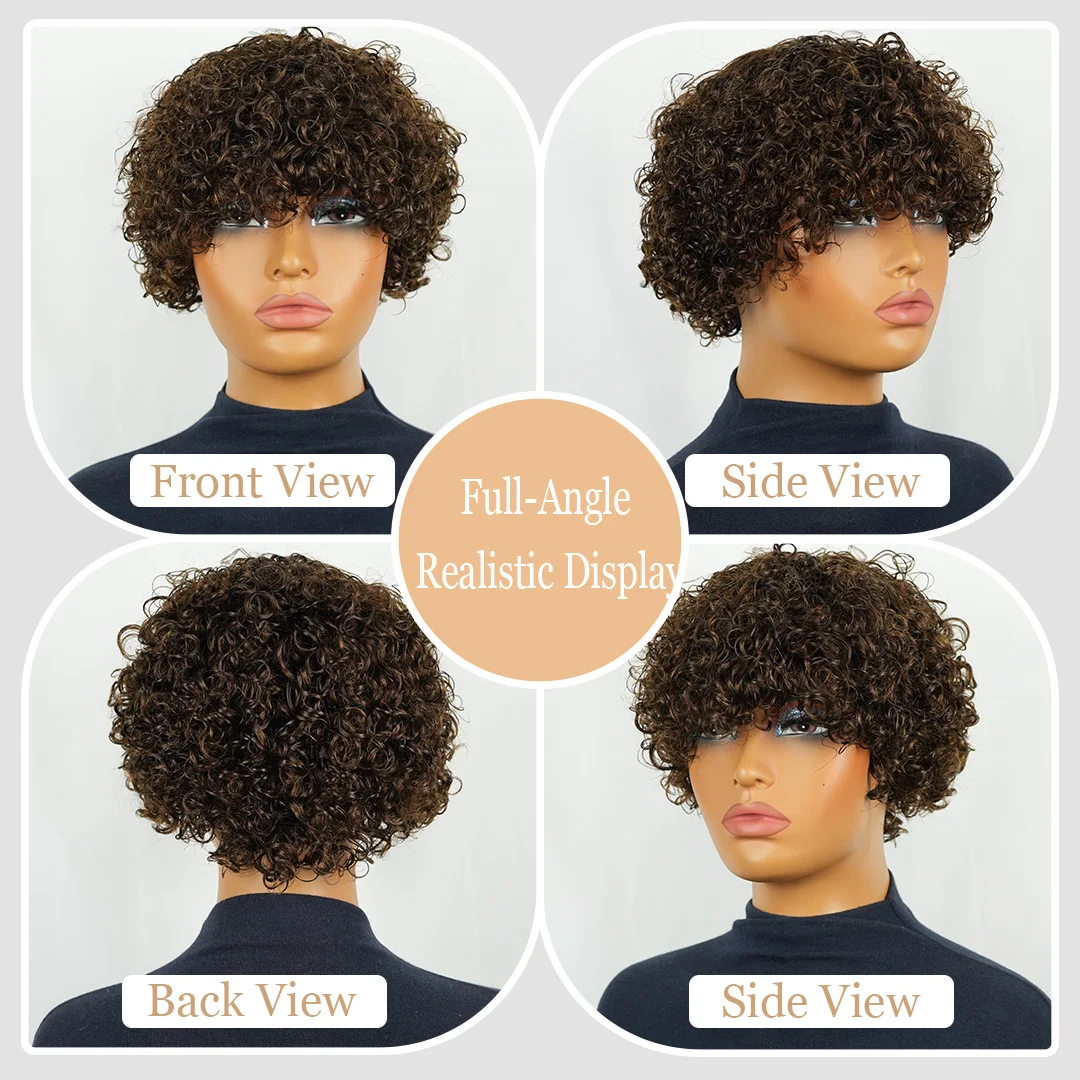 100% Human Hair Curly Wave Guleless Wig with Bangs