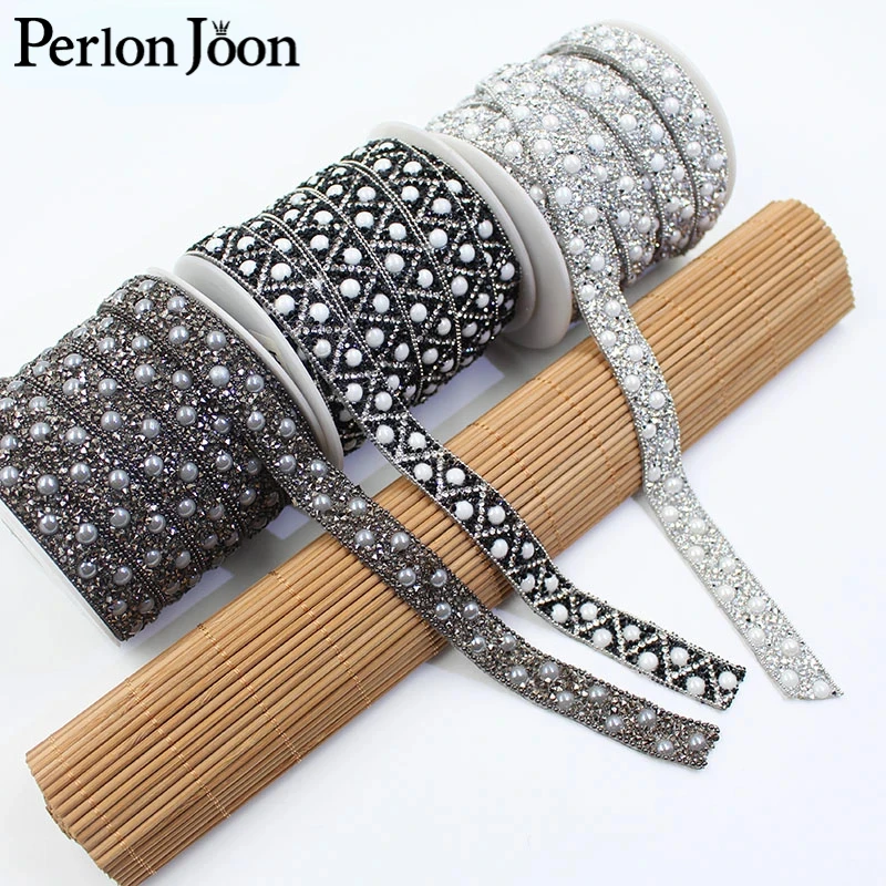 1 stocznia 1,5 cm Pearl Style Rhinestone Trim Hot Fix Crystal Tape DIY Ribbon Ironing on Clothing Bags Accessories Decoration TR157