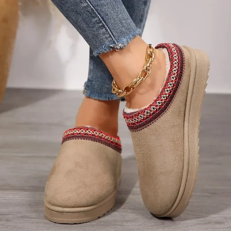 2024 Winter New Style Cashmere Warm Thick-Soled Backless Closed-Toe Cashmere Warm Snow Sandals Walking Home Ankle Boots