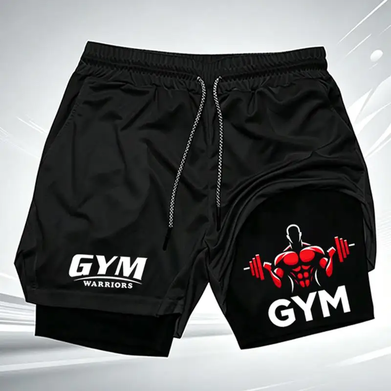 Men Gym Workout Shorts Muscle Bodybuilder Print Quick Dry Running Shorts Double Layer Training Drawstring Sports Short wx321