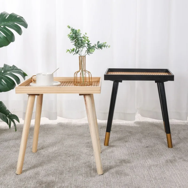 Small Spaces Rectangle Side table Solid Wood Legs &  Rattan Nightstand Modern End Table for Living Room Bedroom Office The Table