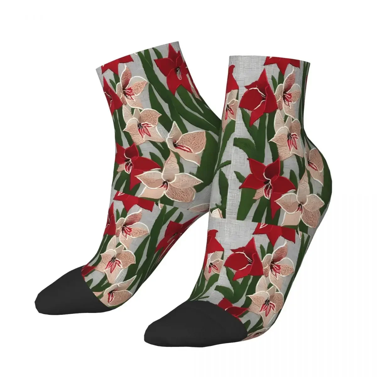 

Red And White Amaryllis Embroidery Flowers Ankle Socks Male Mens Women Winter Stockings Polyester