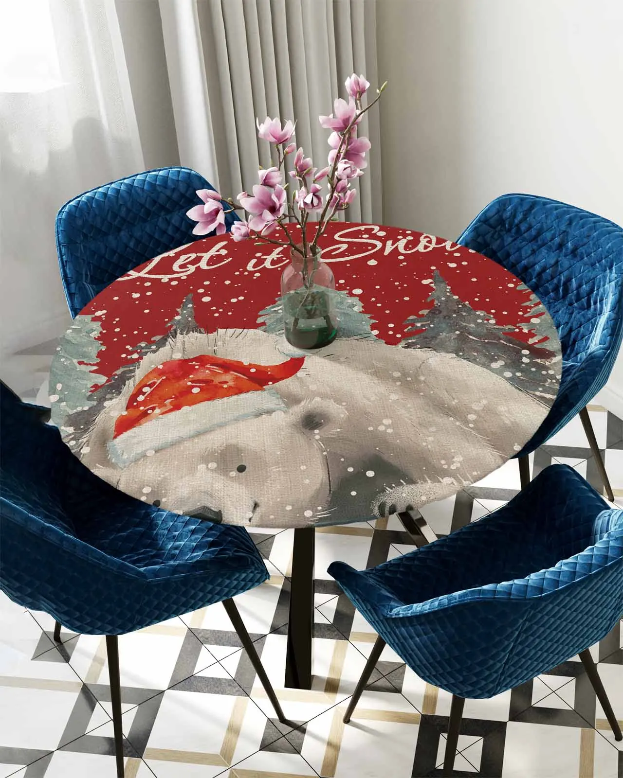 Christmas Snowflake Bear Pine Tree Round Elastic Edged Table Cover Protector Cloth Waterproof Fitted Tablecloth