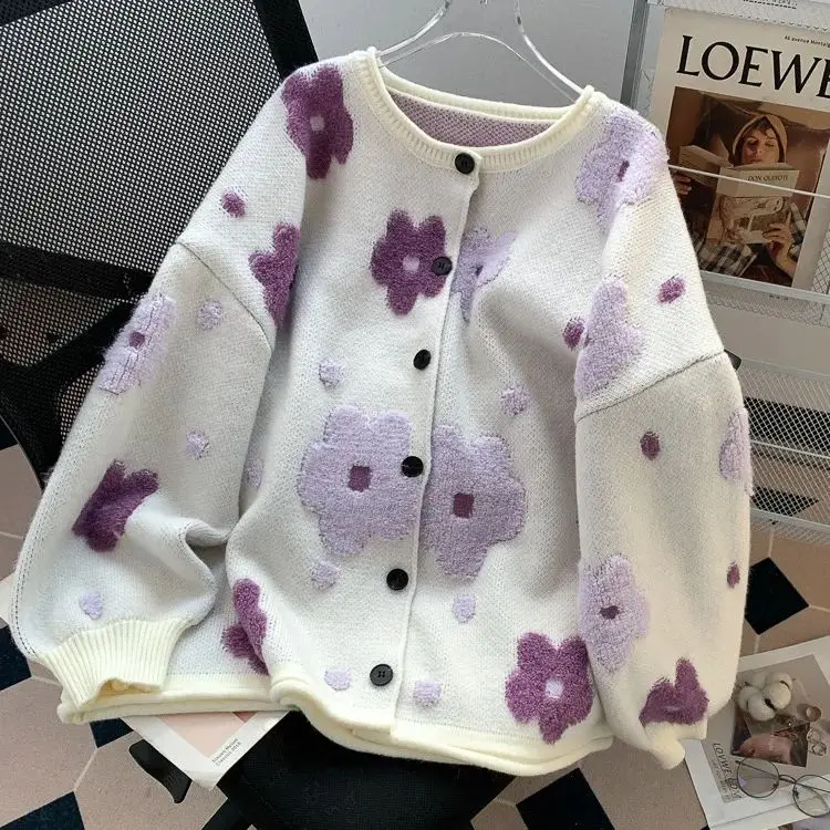 

Lazy style super beautiful three-dimensional flocking flower cardigan sweater winter women jacket spring and autumn loose