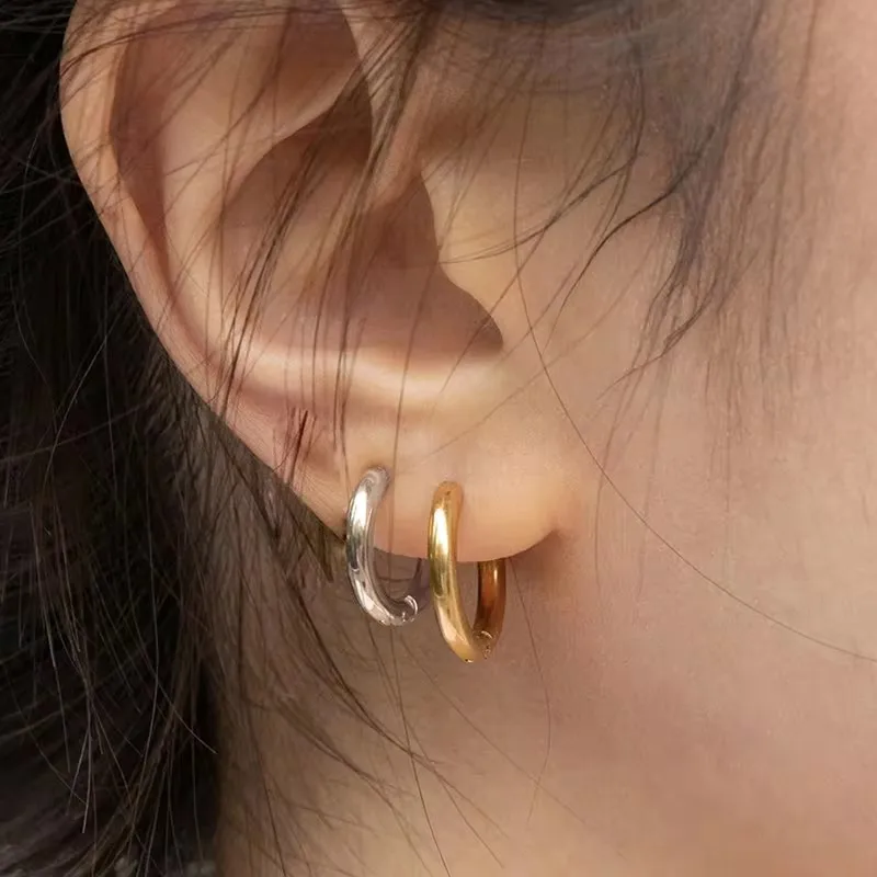 9/11/13mm Gold Color Small Hoop Earrings Stainless Steel Circle Round Huggies for Women Men Buckle Fashion Jewelry  ﻿