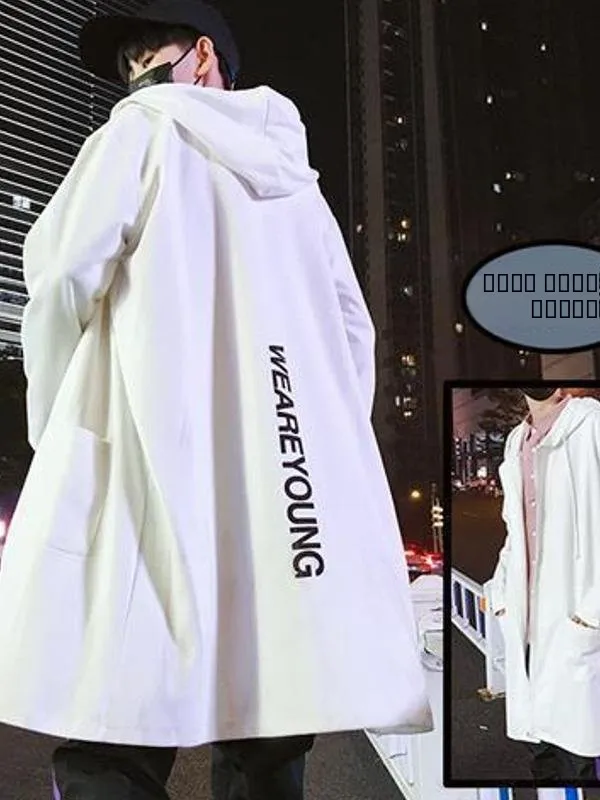 

Men's Hooded Jaet Coat Loose Fit Mid-Length Spring White Hip Hop Sle Faionable Brand Windbreaker Outerwear