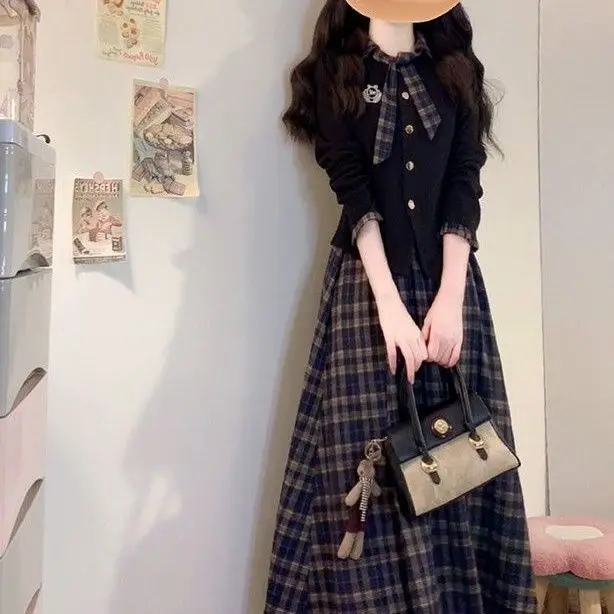 MAGOGO Korean College Style Navy Blue Long Sleeve Tops Blue Woolen Plaid Skirt Sweet Vintage Long Skirt Two-piece Sets