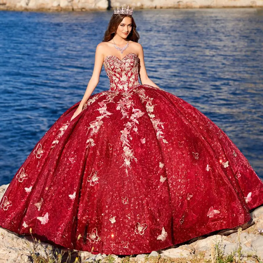 Customized Burgundy Quinceanera Dresses Embroidery Ball Gown Sweetheart Lace Beading Party Princess Sweet 16 Party Dress YQD22