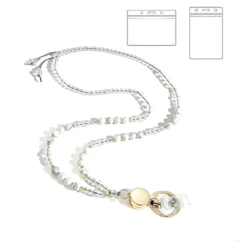 U2JE Retractable Lanyard Natural Stone Lanyard Untuk Kunci Dan Lencana Dapat Ditarik Manik -manik Batu Alam Lanyard Untuk