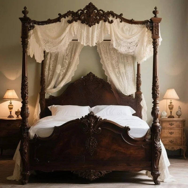 Y Heavy Craftsmanship Hand Carved Solid Wood Bed Roman Column Four Post Double Bed