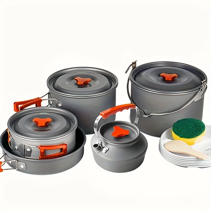 

Camping Cookware Set: Portable Tableware With Aluminum Nonstick Kettle, Pot, Cooking Pan & Bowl - Perfect for Outdoor Cooking!