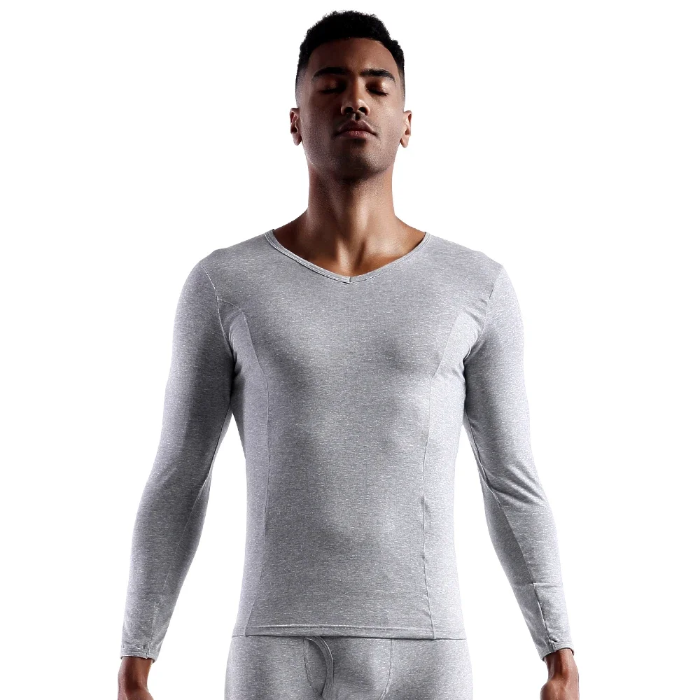 Men's slim cotton v-neck fitted basic underwear single piece youth fall jacket warm top base shirt