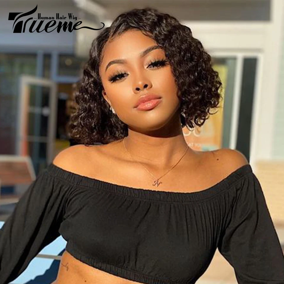 

Trueme Short Curly Bob Lace Human Hair Wigs Colored Brazilian Deep Curly Bob Wigs For Women Ombre Brown Water Wave Lace Part Wig