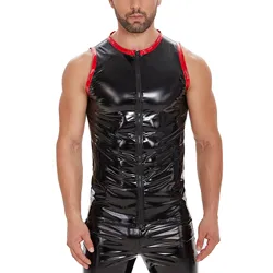 S-7XL Plus Size Mens Glossy PVC Leather T-shirts Sleeveless Full Zipper Shiny Leather Tank Tops Sexy Crewneck Tees For Male