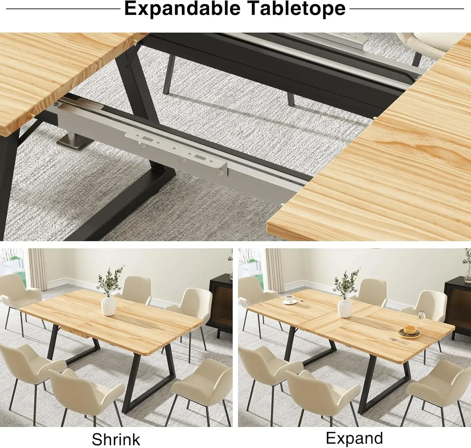 Solid Wood Extendable Dining Room Table for 4-6, 67" Rectangle Kitchen Table Mid Century Modern Large Dining Table Space