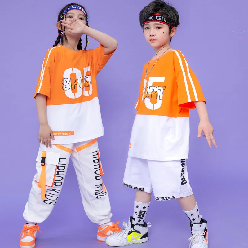 Boys Hip Hop Contrast T-shirt Cargo Pants Girls Street Dance Shorts Children Loose Streetwear Kids Jazz Costumes Clothes Sets