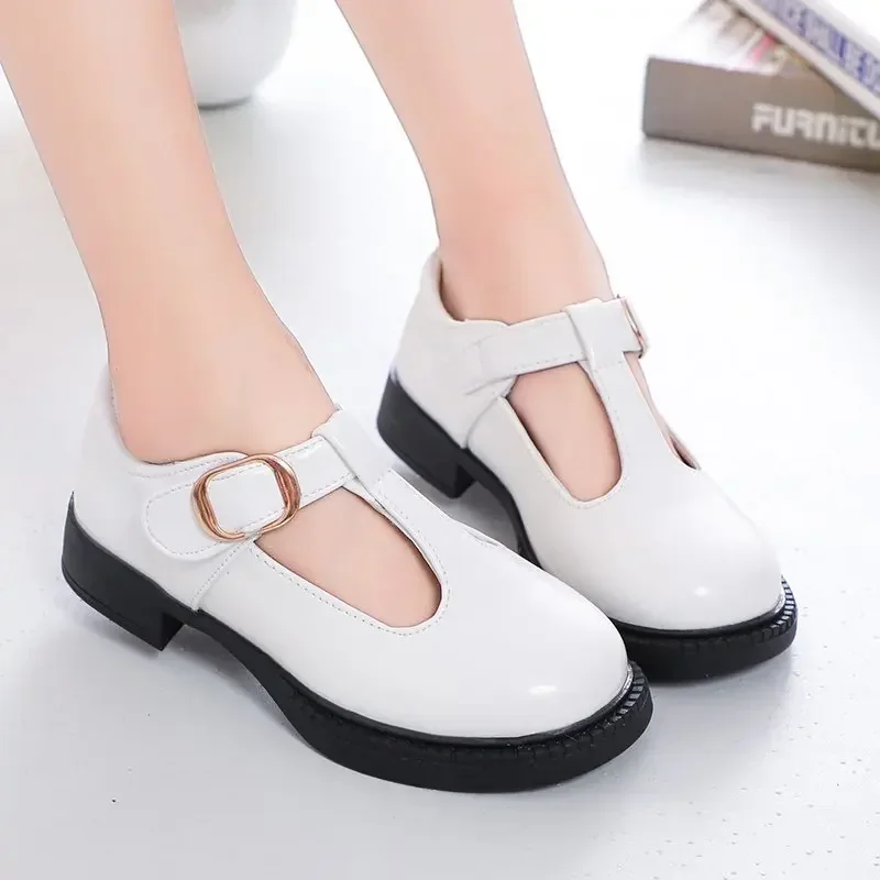 Children Leather Shoes for School Party Black White Girls Dress Shoes Kids Leather Flats T-strap Simple Classic Buckle 26-36 New