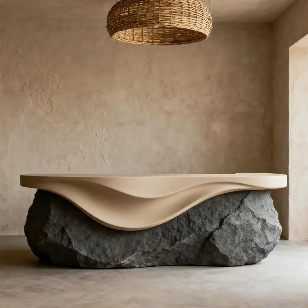 Reception Desk Featuring Deep Brown Rock Texture Curved Shape Embodies Modern Design Fiberglass Construction Extendable Feature