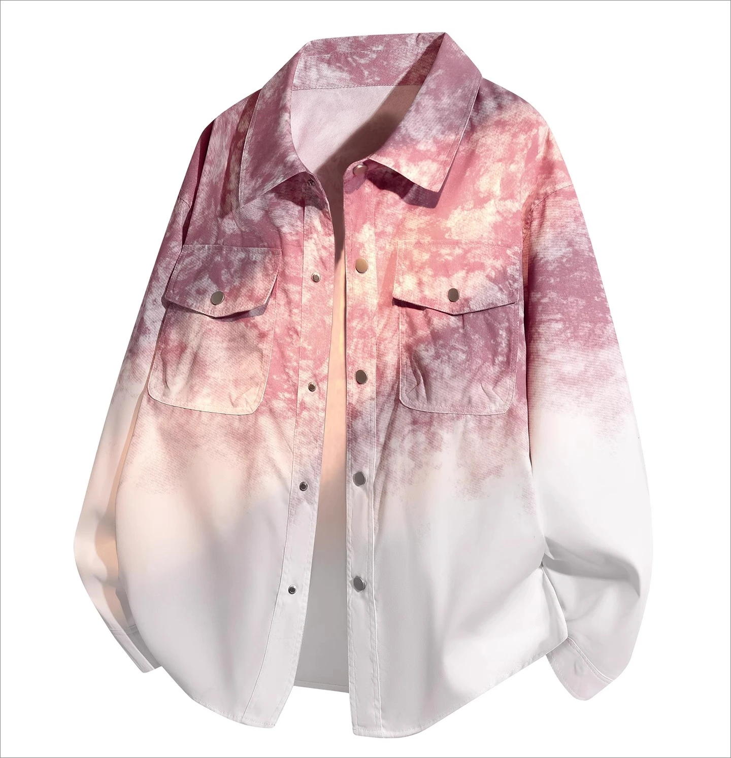 2025 Spring and Autumn New Men's Pink Tie-Dye Gradient Denim Shirt Couple Blue Black Casual Loose Daily Shirt Jacket