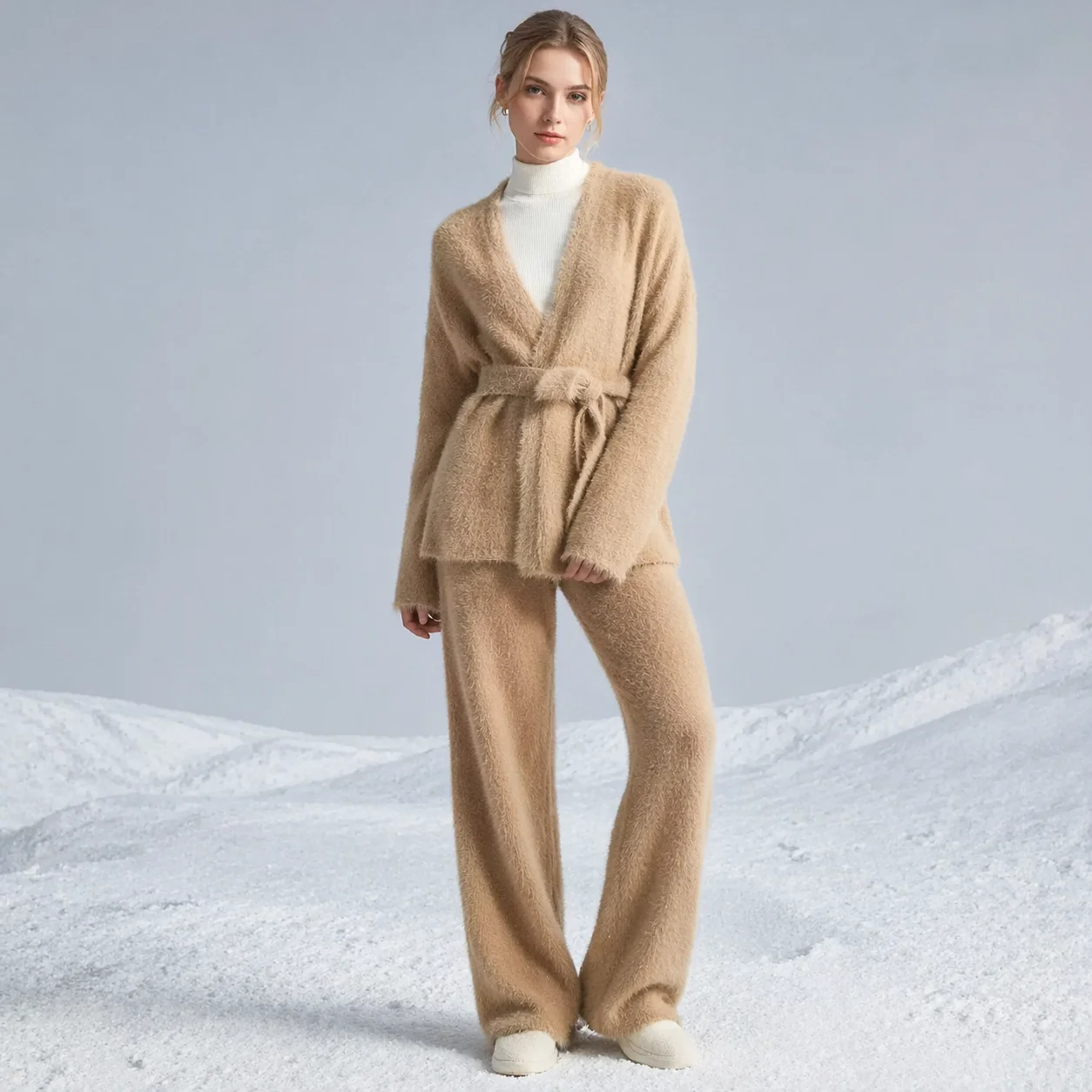 Fuzzy Wrap Belt Knit 2 Piece Set Women V Neck Sweater Wide Leg Pants Winter Loungewear Matching Outfit