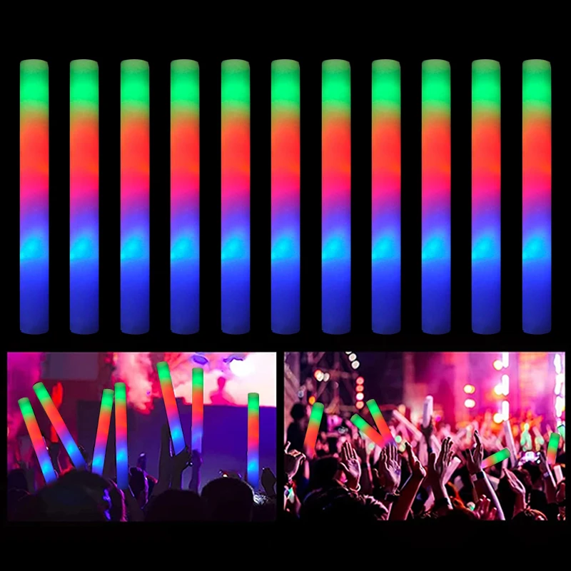 10/20pcs LED Glow Sticks Bulk Colorful RGB Luminous Foam Stick Cheer Tube 3 Modes Flashing Stick Birthday Wedding Party Supplies