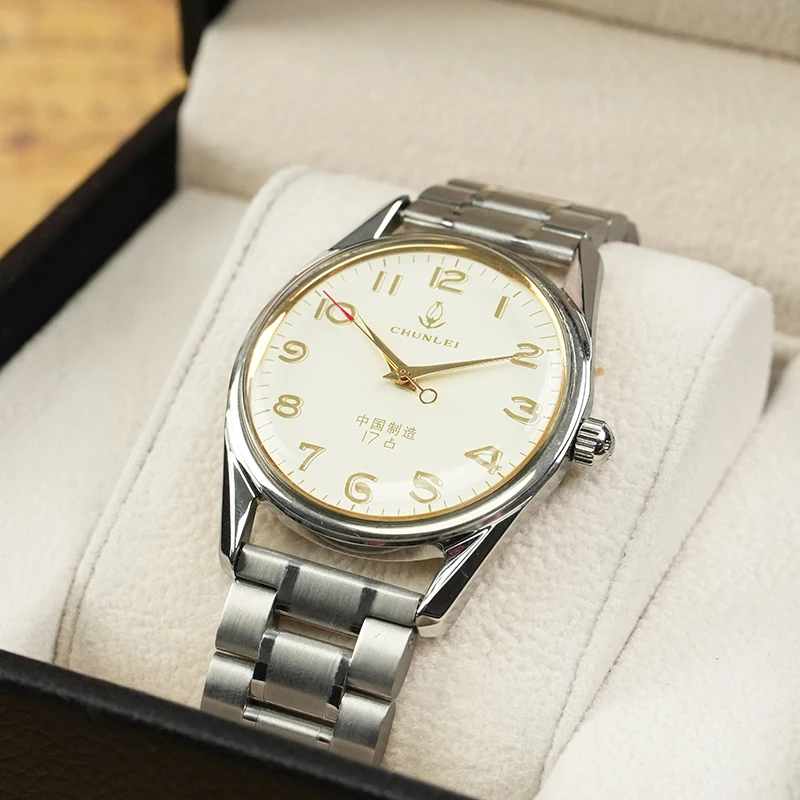 Chunlei Brand Men Retro Mechanical Watch Hand Winding 24 Hour Indicator Solid Steel Band 3atm Water Resistant 41mm Large Dial