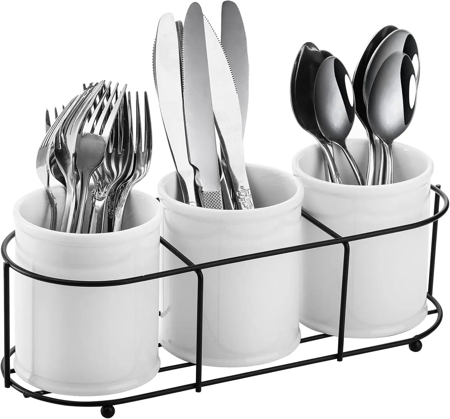 

3-Piece Ceramic Silverware Caddy with Metal Rack, Utensil Holder Flatware Caddy Cutlery Storage