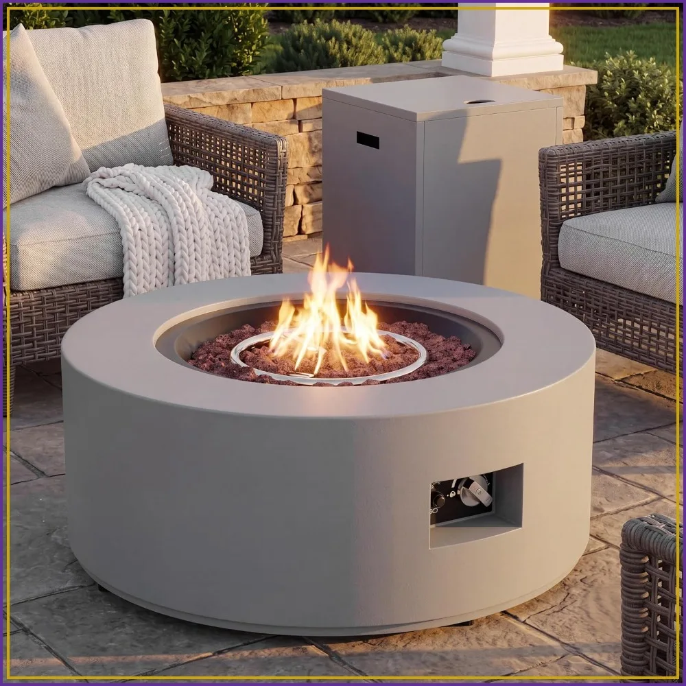 Vongrasig 30 Inch Round Outdoor Propane Fire Pit Table with Lid, Grey
