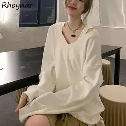 브이넥 오프숄더 스웨트셔츠 여성 의류, 섹시한 소녀, 퓨어 컬러, 미니멀리스트, 한국 시크한 소녀, 템퍼 수다데라, 캐주얼
