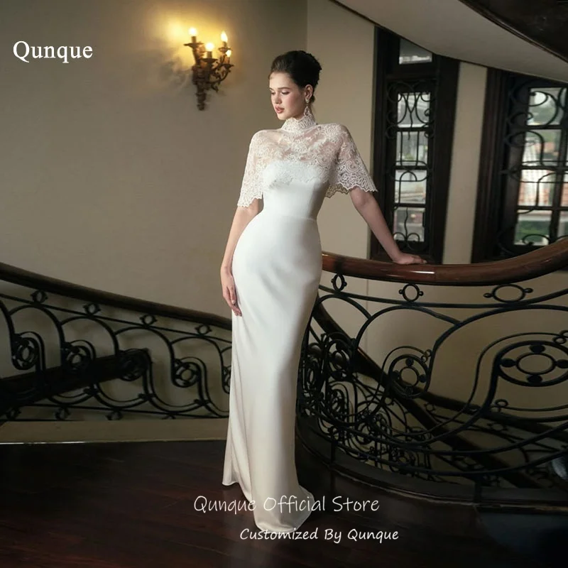 Qunque Illusion High Neck Wedding Dress Lace Capelet Vestido De Casamento Civil Pleated Satin Vestido De Novia Boda Customized