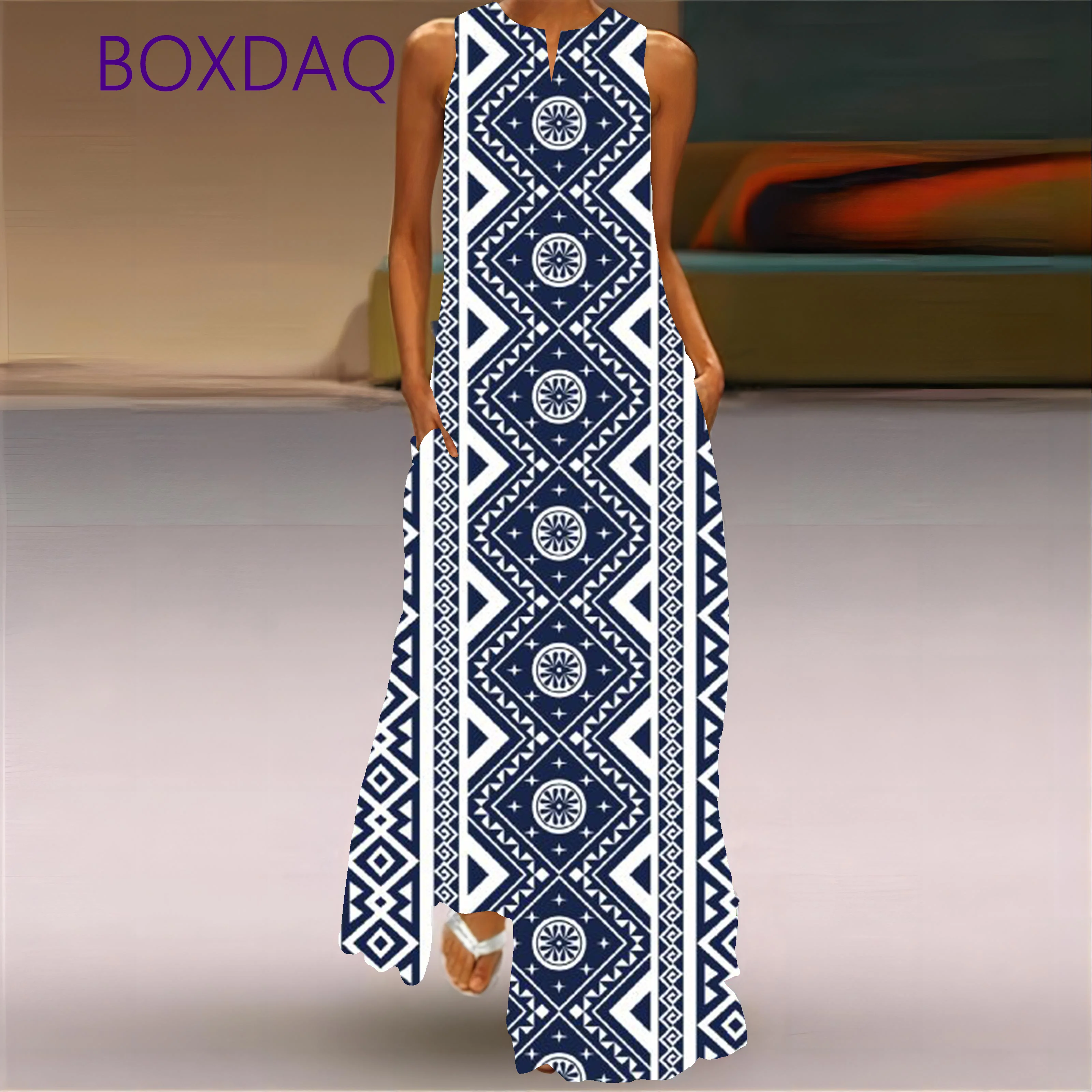 2025 Spring Autumn Vintage 3D Printed Long Dresses For Women Fashion V-neck Design Loose Sleeveless Dress Casual Vestidos Female
