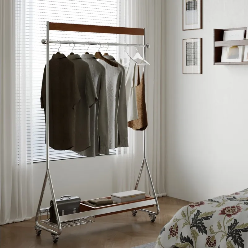 MOMO French Medieval Floor-Standing Hanger Movable Solid Wood & Stainless Steel Corner Coat Rack for Home Bedroom Storage