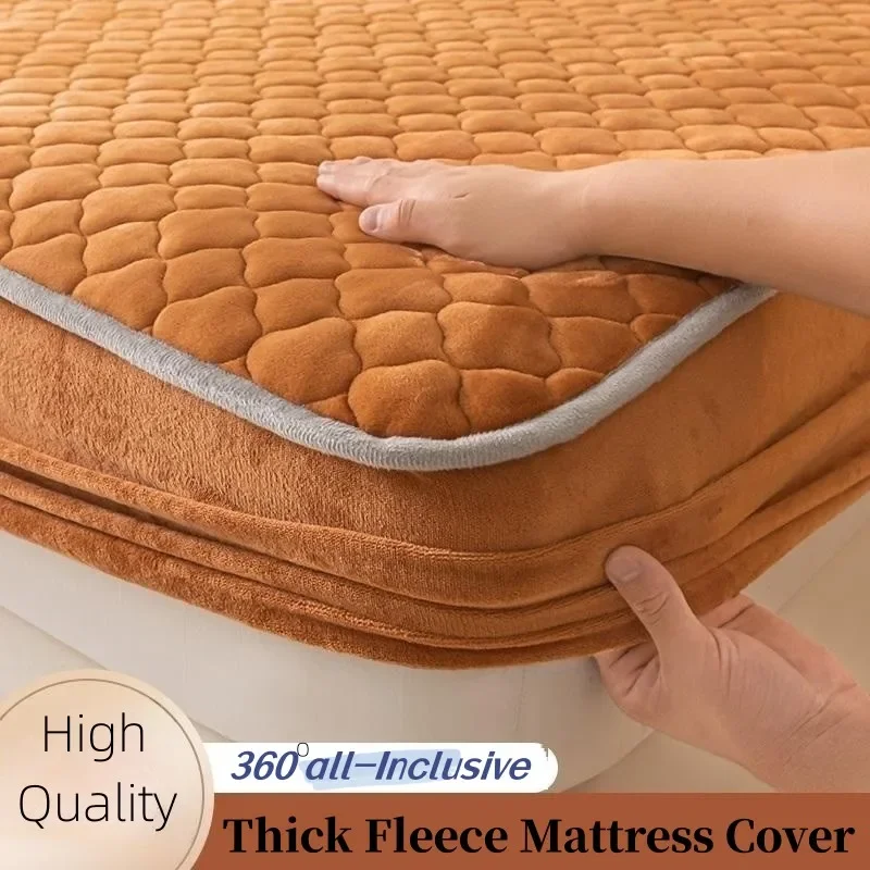 Super Thick Fleece Warm Mattress Cover All-inclusive Fluffy Quilted Fitted Bed Sheet Solid Color Mattress Protector for Winter