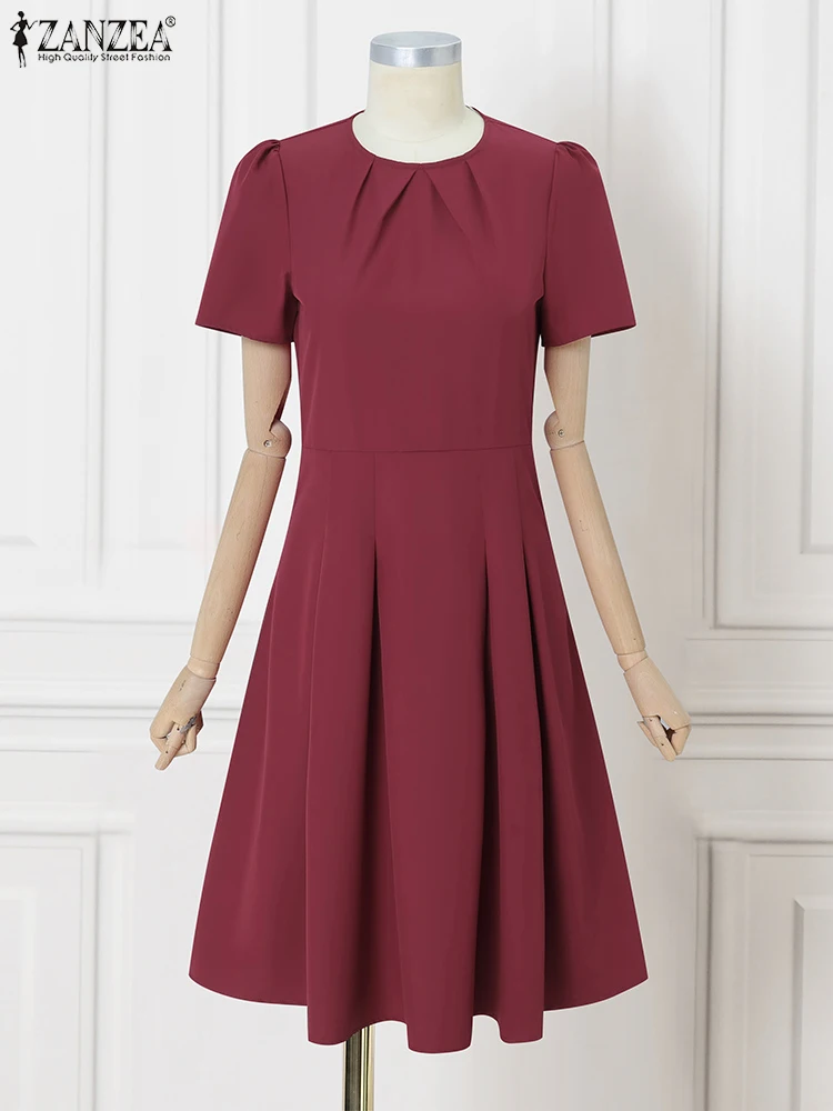 Mulheres elegantes trabalho ol vestido zanzea 2025 moda vestidos de festa verão sólido manga curta vestido casual plissado vestidos kaftan