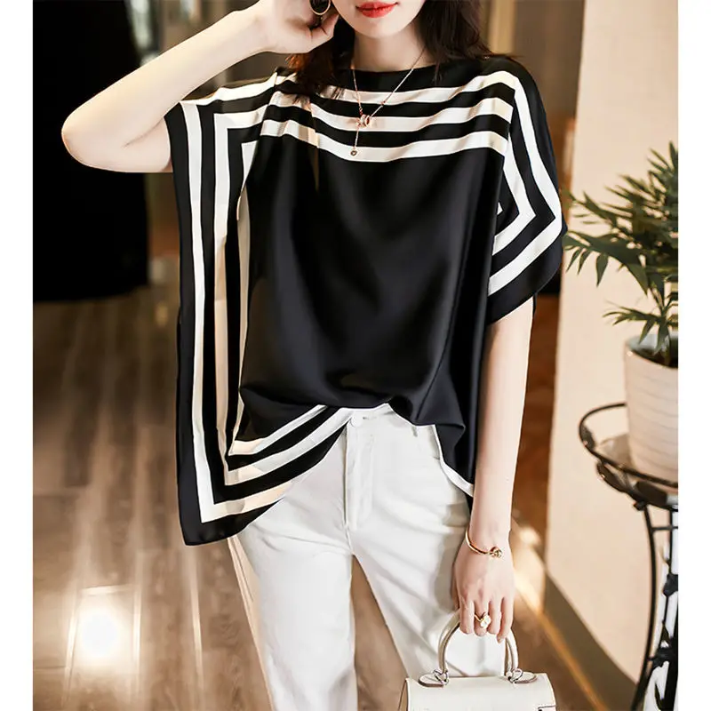 Elegant Slash Neck Batwing Sleeve Striped Blouse Women\'s Clothing 2023 Spring New Casual Pullovers Loose Office Lady Shirt